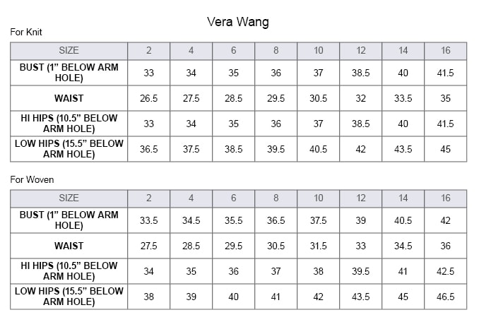 White By Vera Wang Size Chart