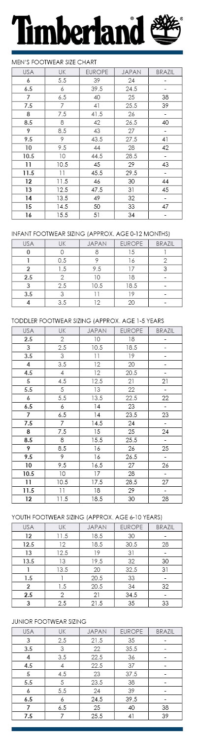 Timberland Size Chart Inches