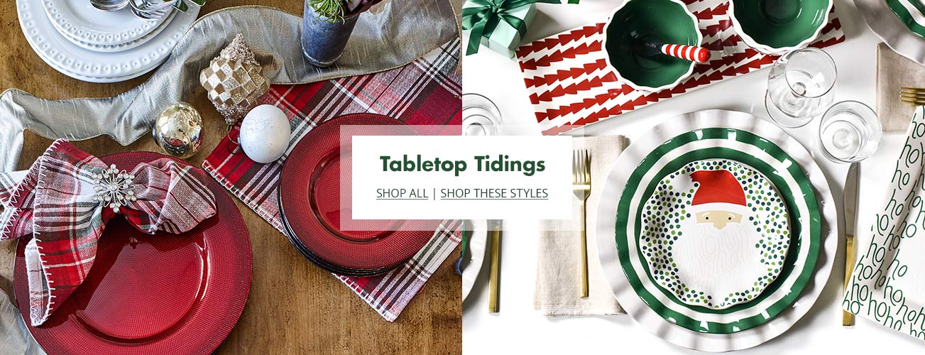 Creative shot of table setting using Christmas-themed dinnerware