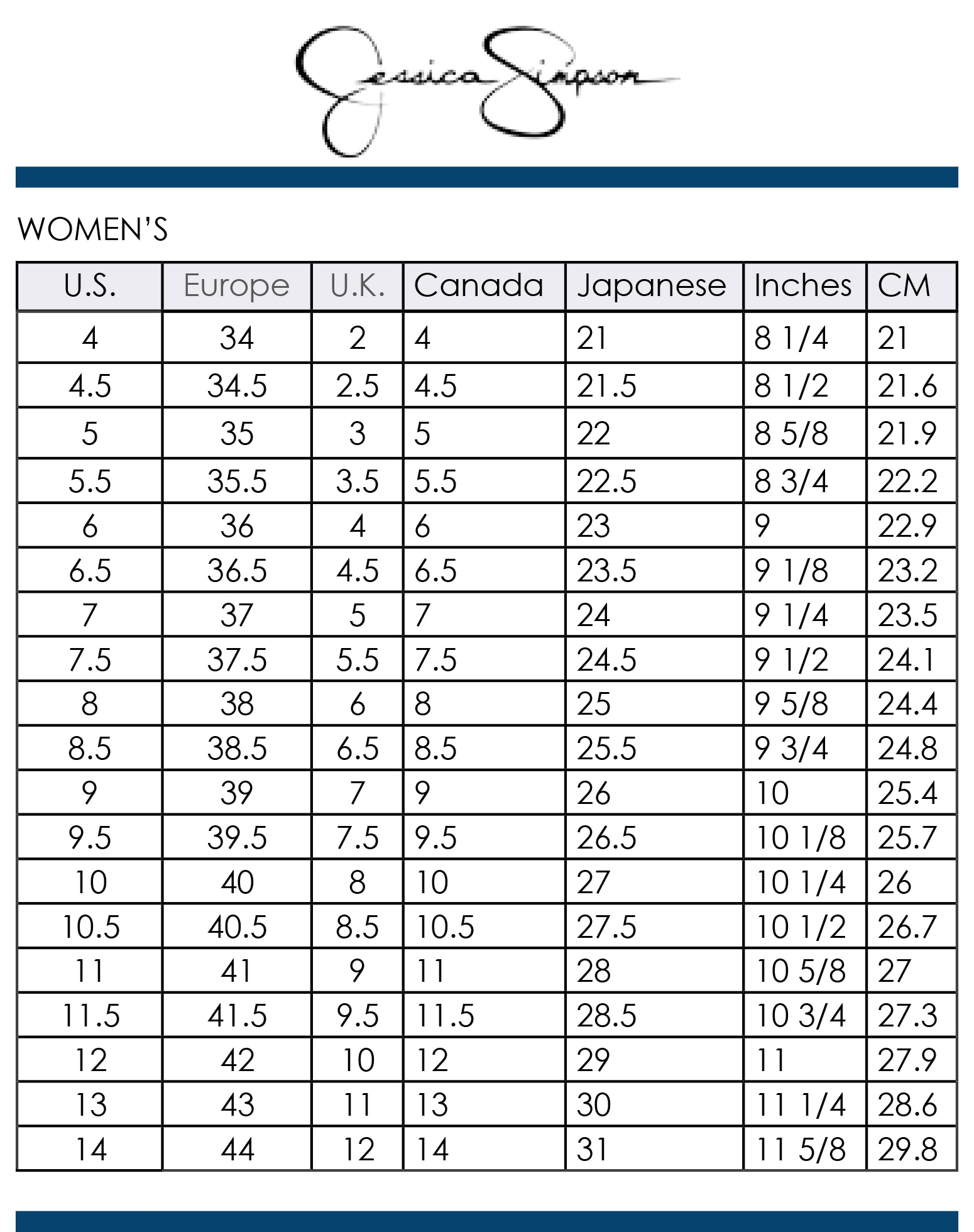 Jessica Simpson Jean Size Chart